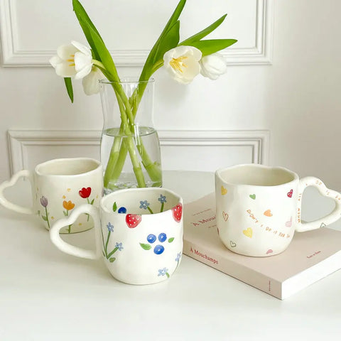 Cute Ceramic Mugs with Heart-Shaped Handles and Hand-Painted Floral and Fruit Designs