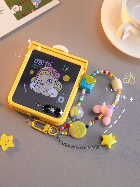 Yellow Cartoon Phone Case with Beaded Chain and Cute Accessories for Stylish Protection