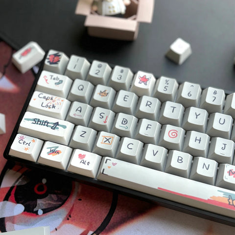 Custom hand-drawn keycap set for mechanical keyboards featuring unique illustrations and vibrant designs on a white background.
