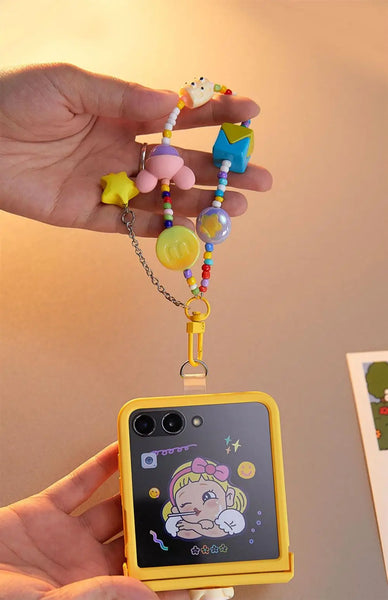 Yellow Cartoon Phone Case with Beaded Chain and Cute Accessories for Stylish Protection