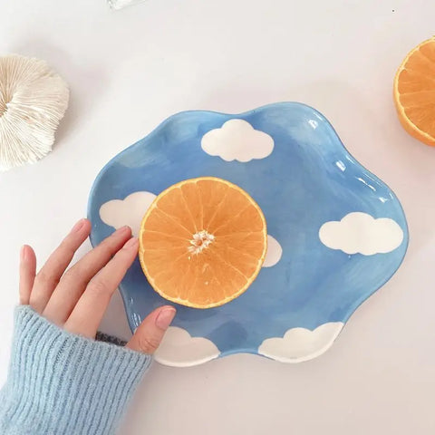 Cloud Painted Cute Ceramic Plate for Fruit and Dessert