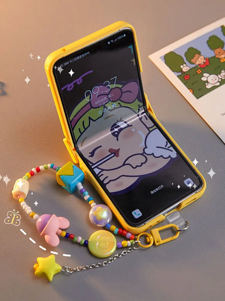 Yellow Cartoon Phone Case with Beaded Chain and Cute Accessories for Stylish Protection