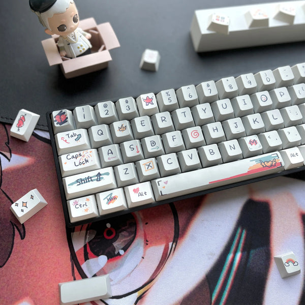 Custom hand-drawn keycap set for mechanical keyboards featuring unique illustrations and vibrant designs on a white background.