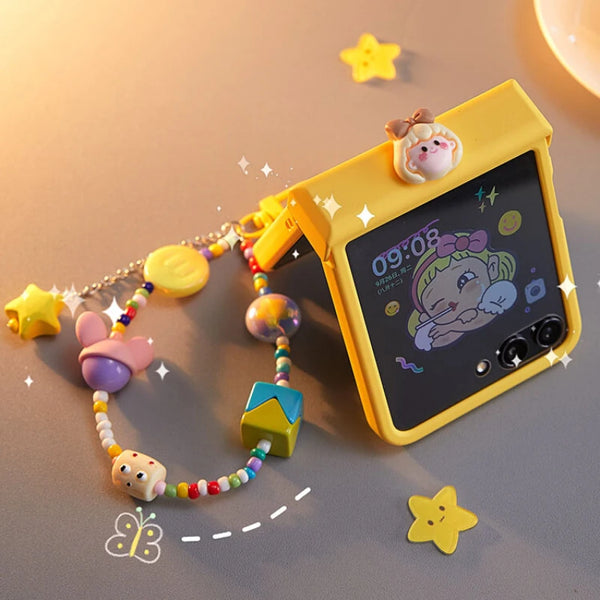 Yellow Cartoon Phone Case with Beaded Chain and Cute Accessories for Stylish Protection