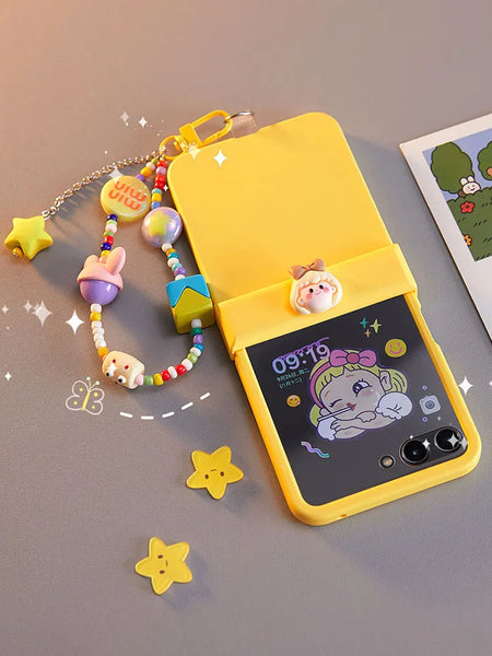 Yellow Cartoon Phone Case with Beaded Chain and Cute Accessories for Stylish Protection